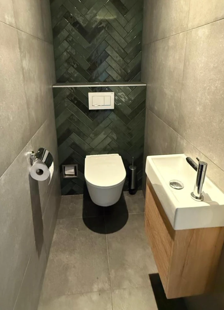 Voorbeeld van een afgewerkte toiletruimte met wandpanelen, zwevend toilet en fontein